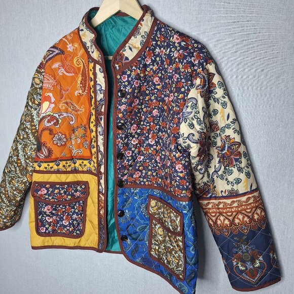 💙 Quilted Patchwork Lined Cotton Blend Jacket Size M/L Cottage Boho Preppy Hipp - Picture 4 of 8